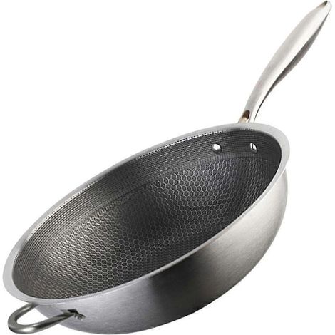 Wok en acier inoxydable à structure alvéolée, poêle à frire à double poignée, style chinois (1/5)