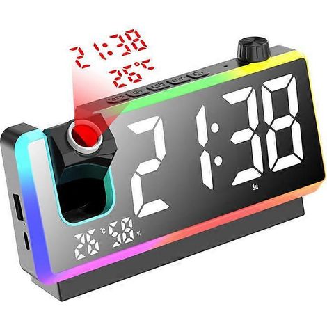 Réveil/horloge électronique LED couleur, grand écran, projection de l'heure et de la température, noir rechargeable (rechargeable + couleur). (1/5)