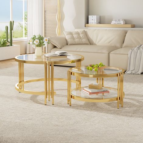 Tavolino rotondo impilabile Ø80/60 cm, 2 tavolini laterali con struttura in metallo dorato e piano in vetro, per soggiorno e camera da letto (1/5)