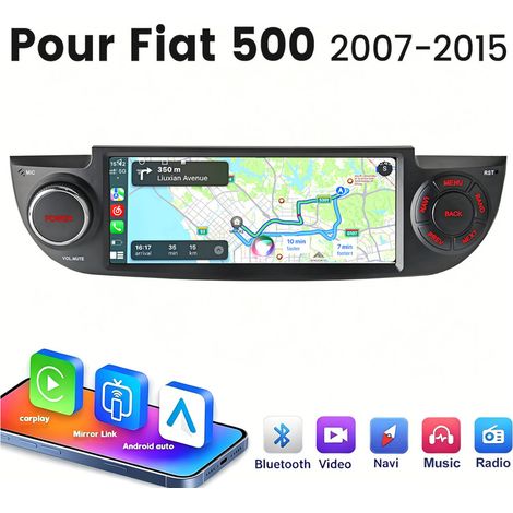 6.86 pouces Carplay 4 cœurs Autoradio pour Fiat 500（2007-2015）64GB JUNSUN