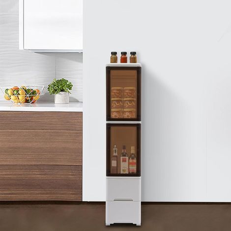 Nischenschrank mit Rollen, 4-Stufiger Aufbewahrungsschrank Badezimmerschrank mit 2 Schubladen und 2 Fächern, Schmales Regal aus PP-Kunststoff, Nischenregal 25 cm Breit, 25 38 114 cm (1/5)