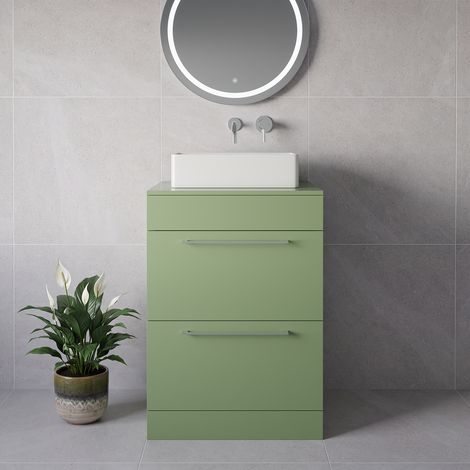 Napoli 460 Olive Green 600mm 2 Drawer Vanity Unit for Countertop Basins - 600mm - Chrome 320mm Handle