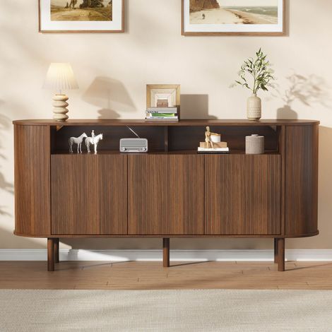 Buffet 3 portes ondulées 160x40x78,5 cm, 2 niches ouvertes, plateau 75 kg, pieds en bois massif, panneau de particules, Marron Foncé (1/5)