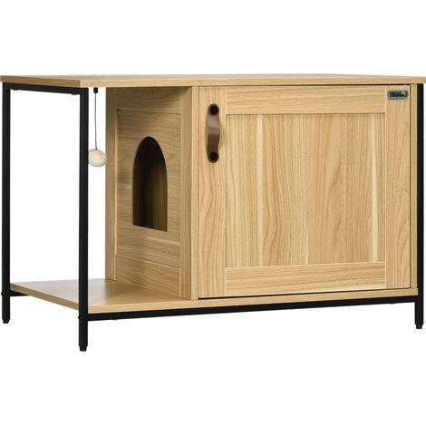 Litière pour chat design industriel avec entrée latérale, boule suspendue, cadre en acier aspect bois clair (1/5)