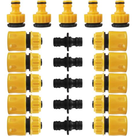 Gartenschlauchverbinder, 10 Stück 1/2-Zoll-Schlauchschnellverbinder, 5 Stück Doppelschlauchverbinder und 5 Stück 3/4-Zoll-Hahnverbinder, Kunststoff-Gartenschlauch-Hahnverbinder