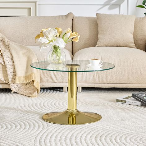 Table basse ronde en verre trempé 70 cm – table d'appoint moderne avec piètement en métal robuste, élégante pour salon, disponible en or, noir ou argent (1/5)