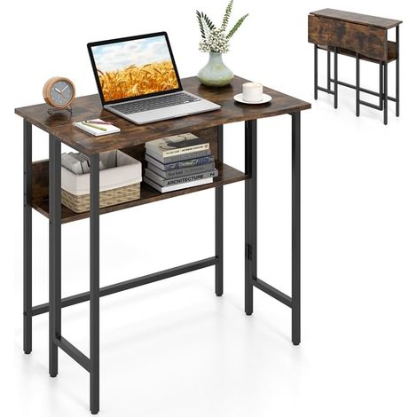 COSTWAY Bureau Pliable avec Étagère de Rangement, 80 x 47 x 76 cm (Marron)