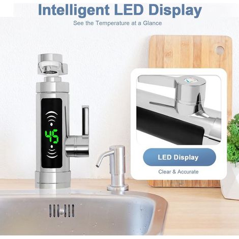 Elektrischer Wasserhahn 3000 W mit LED-Temperaturanzeige 3S Warmwasser 360 Grad drehbar IPX4 wasserdicht und Sicherheitsschutz 220 V silber für A
