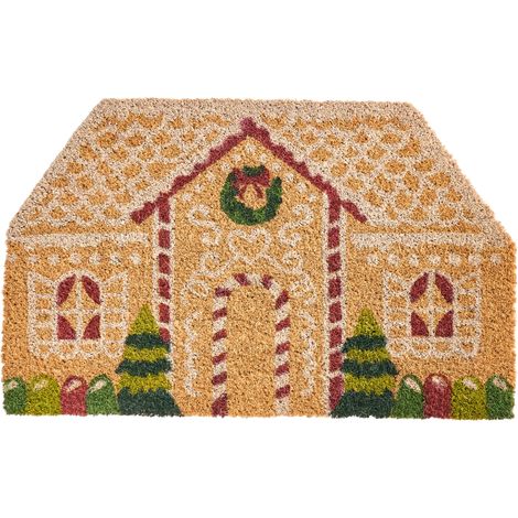 Felpudo de bienvenida de fibra de coco motivo navideño casa de jengibre antideslizante 50 x 80 cm natural Selatna (1/5)