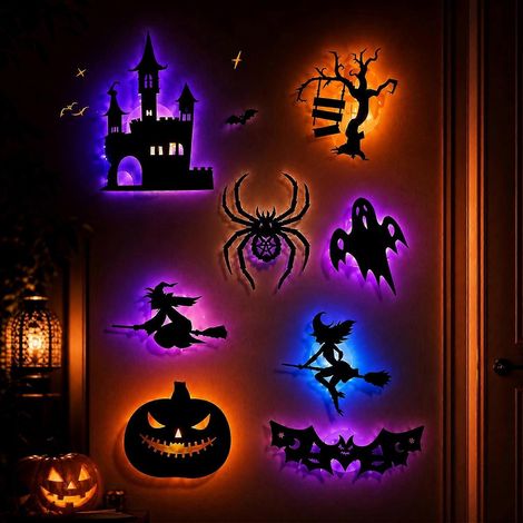 Décorations lumineuses LED fenêtres Halloween, lot de 8 silhouettes rétroéclairées colorées : motifs araignée, fantôme, citrouille, 16 pièces (1/4)