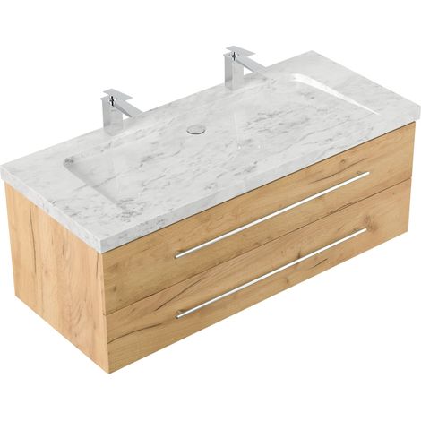 Badmöbel Marmor Carrara White Damo 130 cm 2 Hahnlöcher SoftClose eiche gold