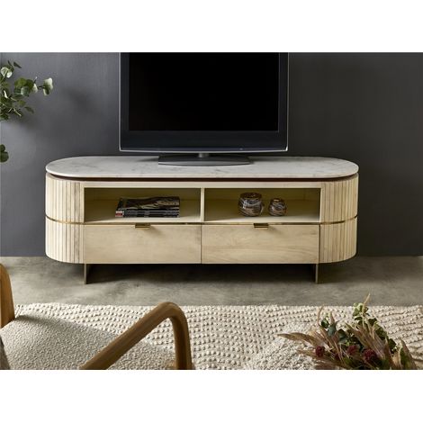 TV-Schrank mit 2 Schubladen. Sextans, abgerundetes Mangoholz mit Marmorplatte, 145 x 40 x 50 cm. 145 x 40 x 50 cm