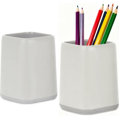 Porte-crayons carré de bureau, gris et blanc, lot de 2 Porte-stylo multifonctionnel, organiseur de bureau, grande capacité, pour stylos et pinceaux (1/5)