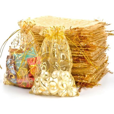 Confezione da 100 sacchetti in organza - 13 x 18 cm - Oro - Sacchettini da riempire - Per sacchetti bomboniere, sacchetti compleanno, confezioni di caramelle