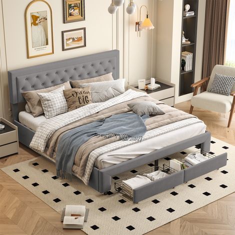 Letto contenitore 160x200 cm - testiera imbottita con bottoni, contenitore a sollevamento idraulico, letto matrimoniale con 2 cassetti, sommier, rete a doghe, tessuto in velluto - Grigio