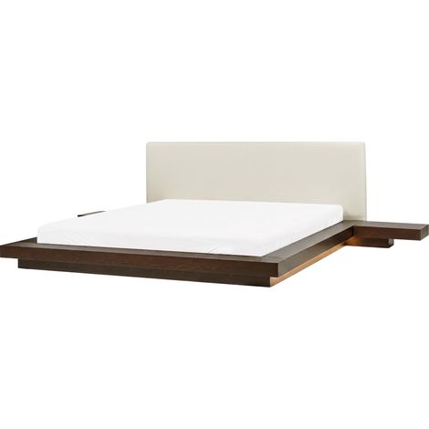 Cama moderna 180 x 200 cm con plataforma LED mesitas de noche cabecero de piel sintética MDF madera de fresno oscuro Zen (1/5)