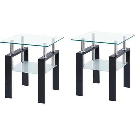 2er-Beistelltisch aus klarem Hartglas, mit schwarzen Beinen, Wohnzimmer-Endtisch (1/5)