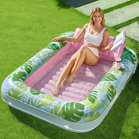 Inflatable Mattress 178 x 116 cm for Swimming Pool, Sun Lounger for Adults, Swimming Pool Float, Inflatable Mattress for Adults, Summer Entertainment, Water Party (Purple Flower)Cyan Pink (1/4)