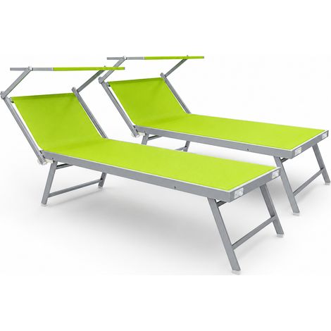Set Da 2 Lettini Prendisole Professionale In Alluminio Pieghevole Tettuccio Orientabile Tettino Parasole Mare Spiaggia Piscina Giardino Lettino Prendi Sole Sdraio 182 X 60 X 38 Cm Verde Fluo (1/5)