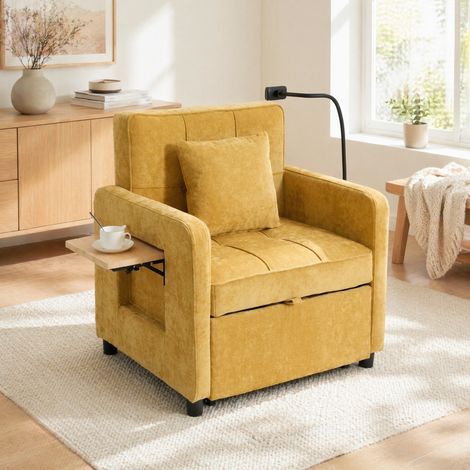 Poltrona letto 2 in 1 in ciniglia giallo senape, reclinabile, con cuscino e tasche laterali, OKWISH (1/5)