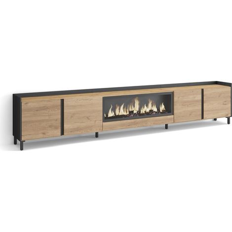 Skraut Home - Mueble TV, Televisión, Muebles de salón, almacenaje, 315x35x61cm, Para TV hasta 80", Chimenea eléctrica XXL, Diseño industrial, Estilo Moderno, Roble y negro (1/5)