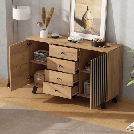 Credenza da Salotto con 2 Ante e 4 Cassetti, 5 Livelli, per Soggiorno, MDF e Gambe in Legno, 120 × 38 × 75 cm (1/5)