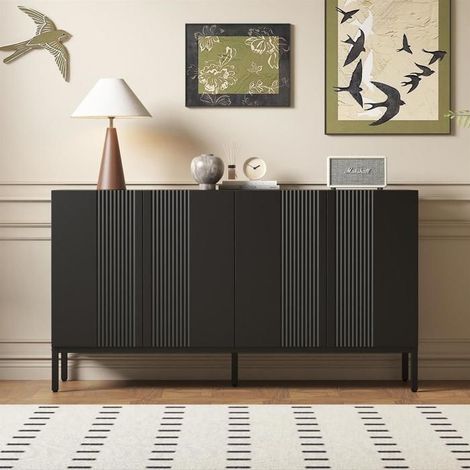 Buffet - Noir - 4 portes - MDF - Style scandinave - Rangement réglable