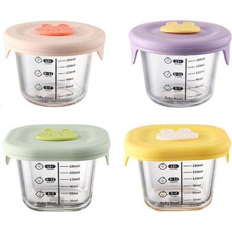 4pcs Conteneurs d'aliments pour bébés 230ml et carrés pots de nourriture en verre non toxiques avec couvercle et échelle en (1/4)