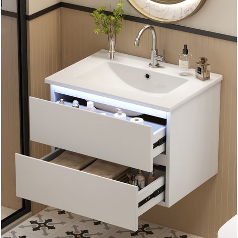 Waschtischunterschrank MDF/Keramik Weiß 61x46x45 cm, wandhängend mit integriertem Waschbecken und LED-Sensorleuchte (1/5)