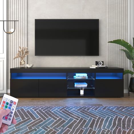 TV-Lowboard 180 cm, mit 2 Schubladen, 2 Türen, LED, 2 offenen Fächern, Metallbeinen, Industrie-Vintage, Farbe Wildeiche, Wohnzimmermöbel aus Holz – Schwarz