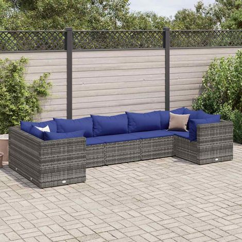 7-tlg. Garten-Lounge-Set mit Kissen Grau Poly Rattan (1/5)