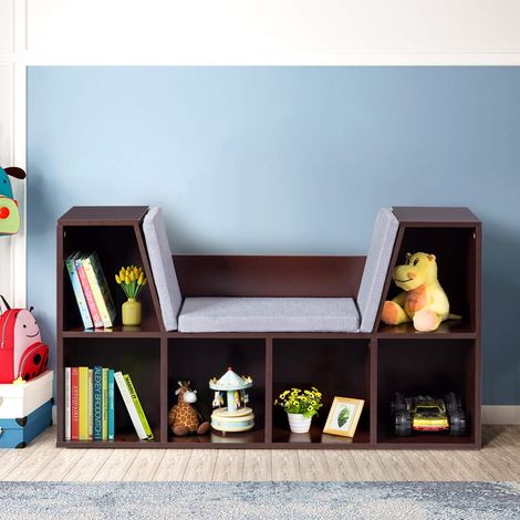COSTWAY Bibliothèque Meuble de Rangement à Casiers avec Coussins Rembourrés Bibliothèque Bois pour Livres et Jouets 103 x 30 x 63 CM (1/5)