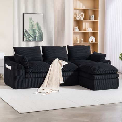 Divano modulare 3 posti con pouf 263x167x85 cm nero in velluto a coste con cuscini e tasche laterali (1/5)