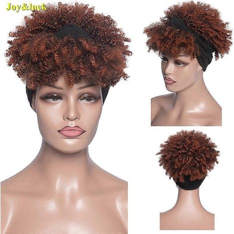 Perruque synthétique avec bandeau, style afro crépu, bouclée, brune, pour femmes, turban noir, cheveux courts bouclés naturels