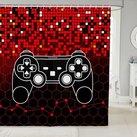 Rideau de Douche 180x200cm Jeux Vidéo, Rideau de Bain Ado Garçon Gamer Moderne, Rideau de Baignoire Gaming Manette de Jeu, Rideau Salle de Bain Géométrique Nid d'abeille Hexagonale - 180L X 200H cm (1 (1/5)