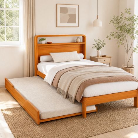 Lit gigogne enfant 90x200 cm en bois naturel, gain de place pour chambre, sans matelas FloraGrace (1/5)