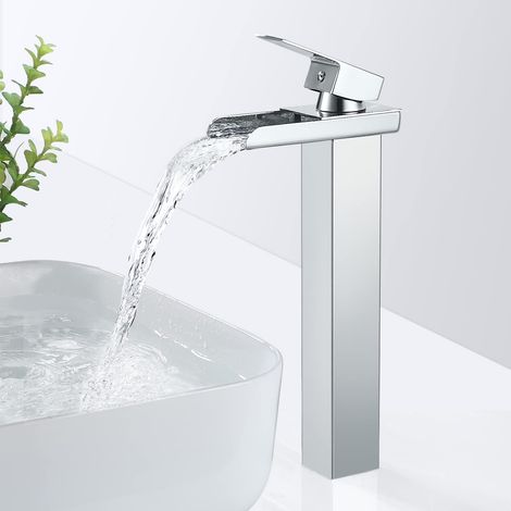 Robinet Salle de Bain Cascade Chromé,Moderne Mitigeur Lavabo Cascade Haut, Robinet Lavabo avec bec Hauteur, Mitigeur Vasque à Poser en Laiton,G 3/8" (1/5)