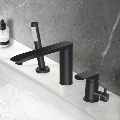 Robinet Baignoire 3 Trous, Robinet de baignoire avec douchette et tuyau, Mélangeur en laiton pour Salle de Bain Chaude et Froide Réglable, Noir Mat PTBB11E (1/5)