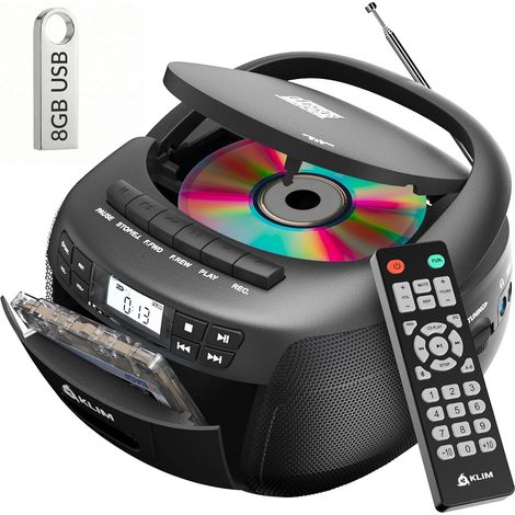 Radio Cassette CD - Bluetooth AM FM - Recording Function - USB Dual Three Watt Speaker for Clear Stereo Sound, Mains or Battery Operated, Auxiliary Port Included - Black (1/5)