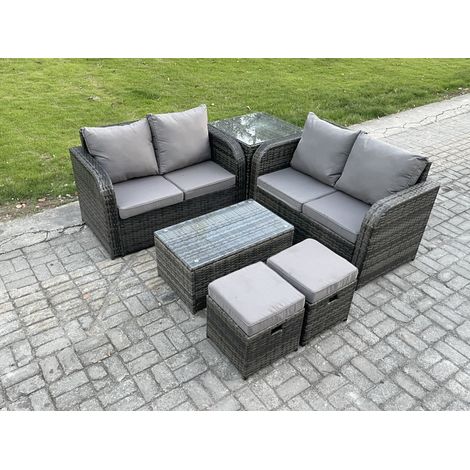 Fimous Salon de jardin en rotin avec Table basse rectangulaire 2 Petits poufs Tables d'appoint Mélange gris foncé (1/4)