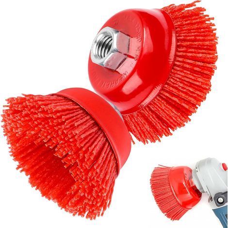 Lot de 2 brosses à pot en nylon M14 pour meuleuse d'angle - Diamètre : 63,5 mm - Brosse en nylon pour ébavurage, élimination de la rouille et de la peinture (1/5)