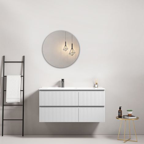 Mobile bagno sospeso cannettato 100 cm Bianco Lavabo a Sinistra in Ceramica Specchio Tondo - Fiji Paint