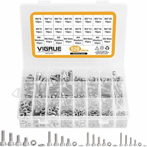 Kit 520PCS M3 M4 M5 M6 en Acier inoxydable Bouton à tête hexagonale Socket Tête Câble Boulons Vis avec écrous Assortiment (1/6)