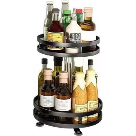 Etagère rotative multirangements H 43,5 cm x D 26 cm : épices, boîtes, flacons Support rond 2 niveaux Noir - Livraison gratuite (1/5)