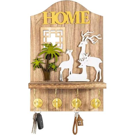 Porte Clés Mural en Bois avec Étagère et 8 Crochets, Accroche Clés Rustique HOME Cerf, 3 Fixations, Rangement Entrée Couloir (1/5)
