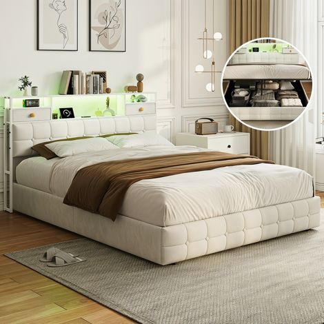 Cama de 160 x 200 cm - Cama con canapé de 160 x 200 cm con LED - Cama para adultos de 160 x 200 cm - Cabecero con 2 cajones y espacio de almacenamiento - Terciopelo beige