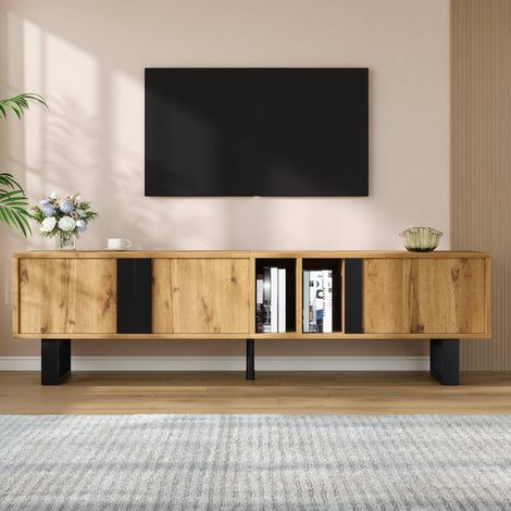 Meuble TV 160 cm, 3 portes et 2 niches avec passe-câbles, en MDF et métal, pour salon, Naturel (1/5)