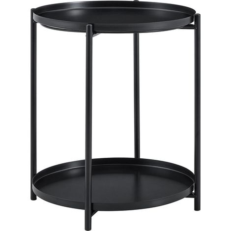 Mesa auxiliar redonda de 2 niveles con estantes MDF y estructura metálica 42 x 52 cm negra HOMVRA (1/5)