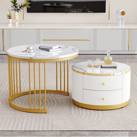 Set di 2 tavolini rotondi annidati 60x60x45,5 cm e 50x50x32 cm con 2 cassetti, in MDF, bianco (1/5)