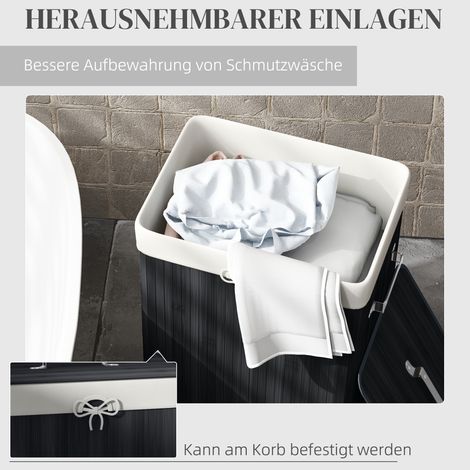 Panier à linge, coffre à linge, collecteur de linge avec couvercle, sac en toile, bambou, pliable, 72L, Noir 40 x 30 x 60 cm (1/4)